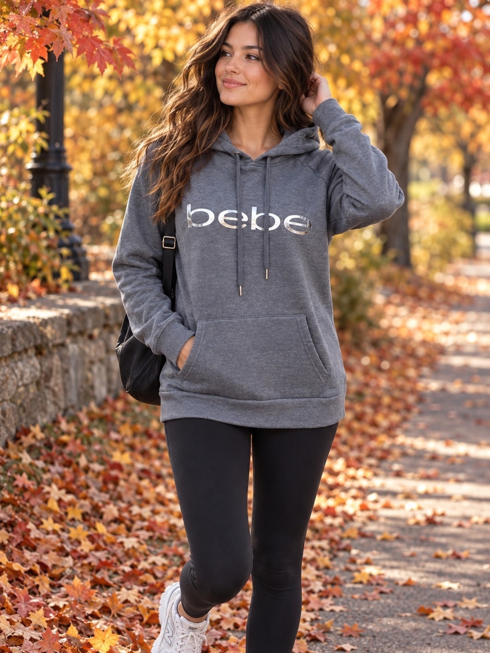 Bebe Sport Charcoal Gray Silver Foil Logo Pullover Hoodie Size L NWT